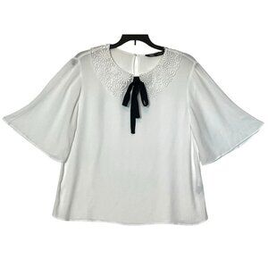 Zara 100% Viscose White Peter Pan Lace Collar Black Tie Blouse Top